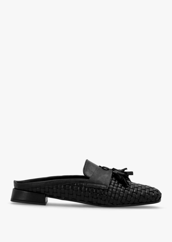 Nova Black Leather Woven Backless Mules