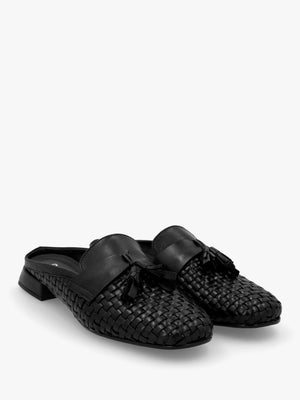 Nova Black Leather Woven Backless Mules