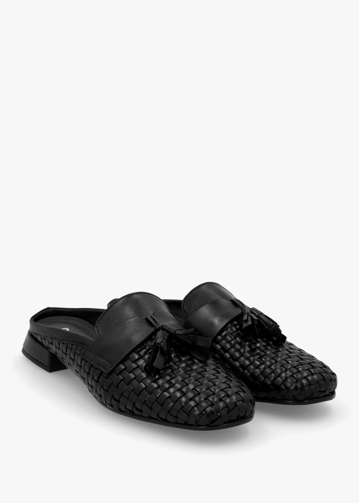 Nova Black Leather Woven Backless Mules