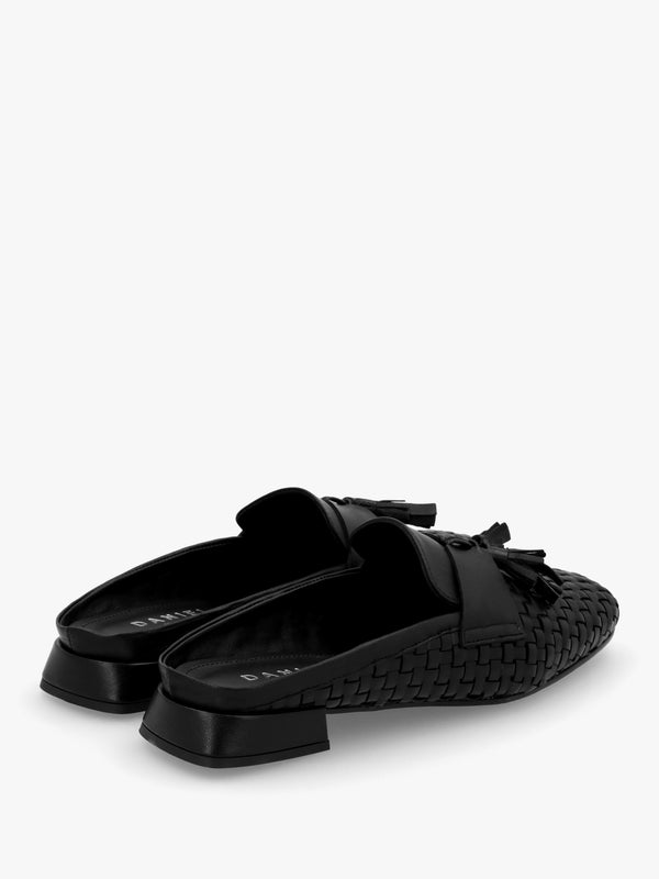 Nova Black Leather Woven Backless Mules