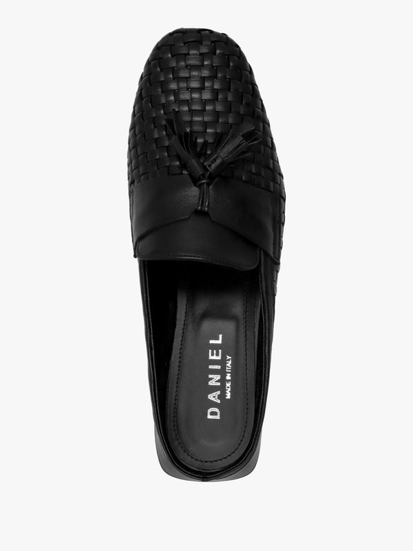 Nova Black Leather Woven Backless Mules
