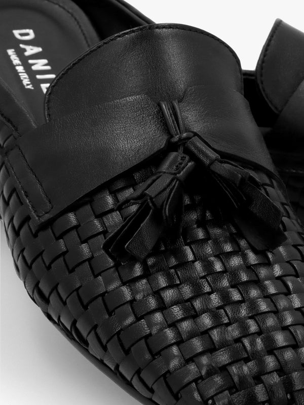 Nova Black Leather Woven Backless Mules