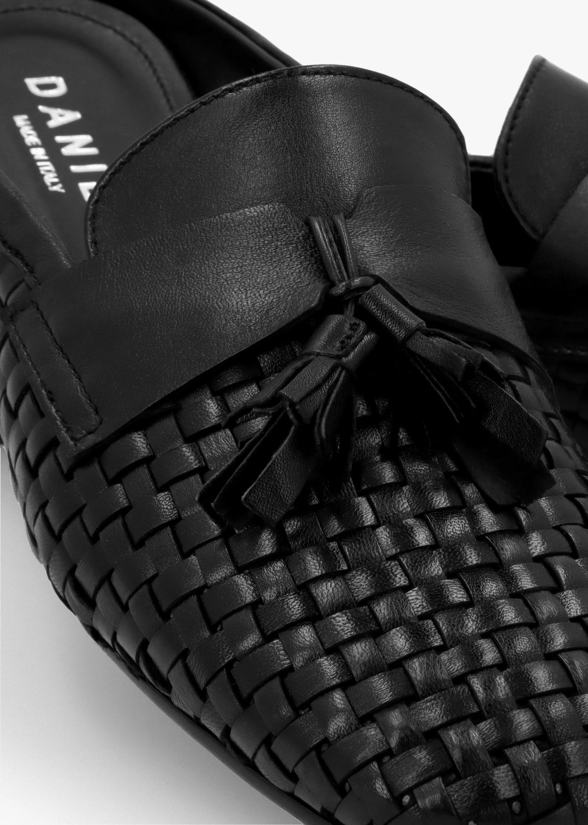 Nova Black Leather Woven Backless Mules