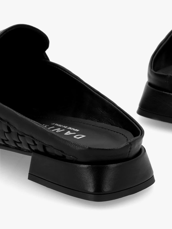 Nova Black Leather Woven Backless Mules