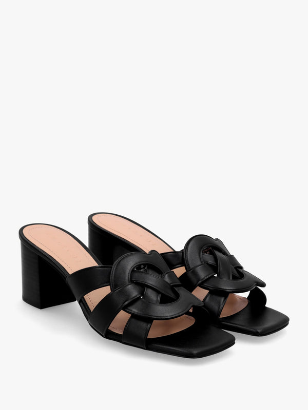 Nikki Black Leather Block Heel Mules