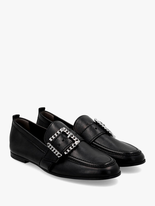 Emma Black Leather Buckle Loafers