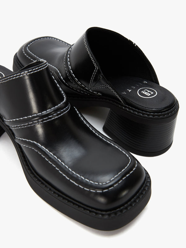 Rubi Black Leather Heeled Mules