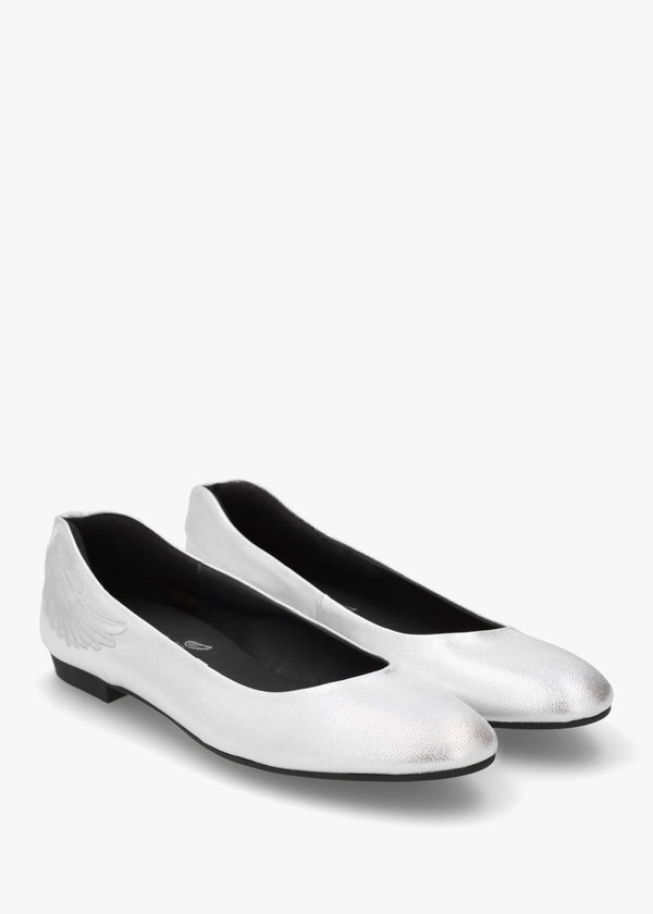 Angels Wings Silver Metallic Leather Ballet Pumps