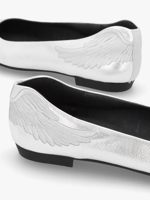 Angels Wings Silver Metallic Leather Ballet Pumps