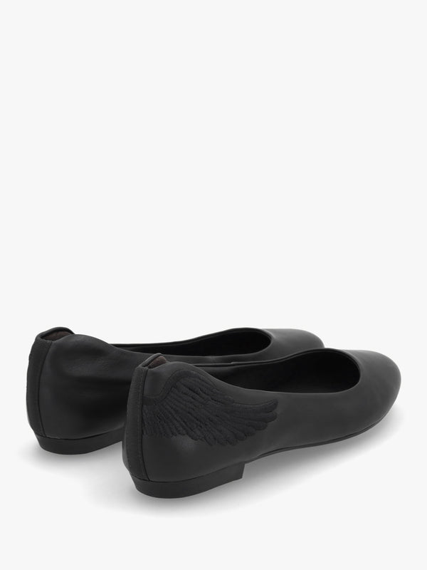Angels Wings Black Leather Ballet Pumps