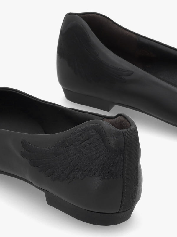 Angels Wings Black Leather Ballet Pumps