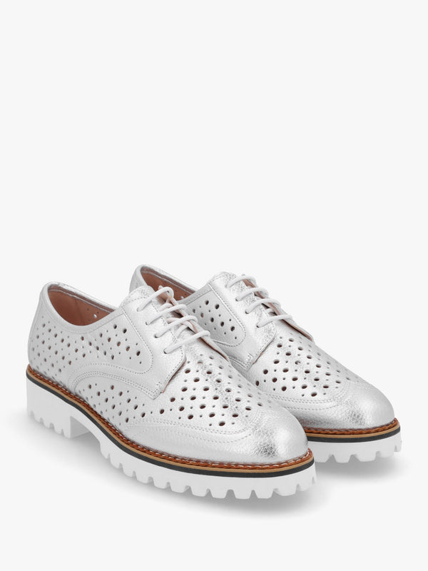 Eloni Silver Metallic Leather Lace Up Brogues