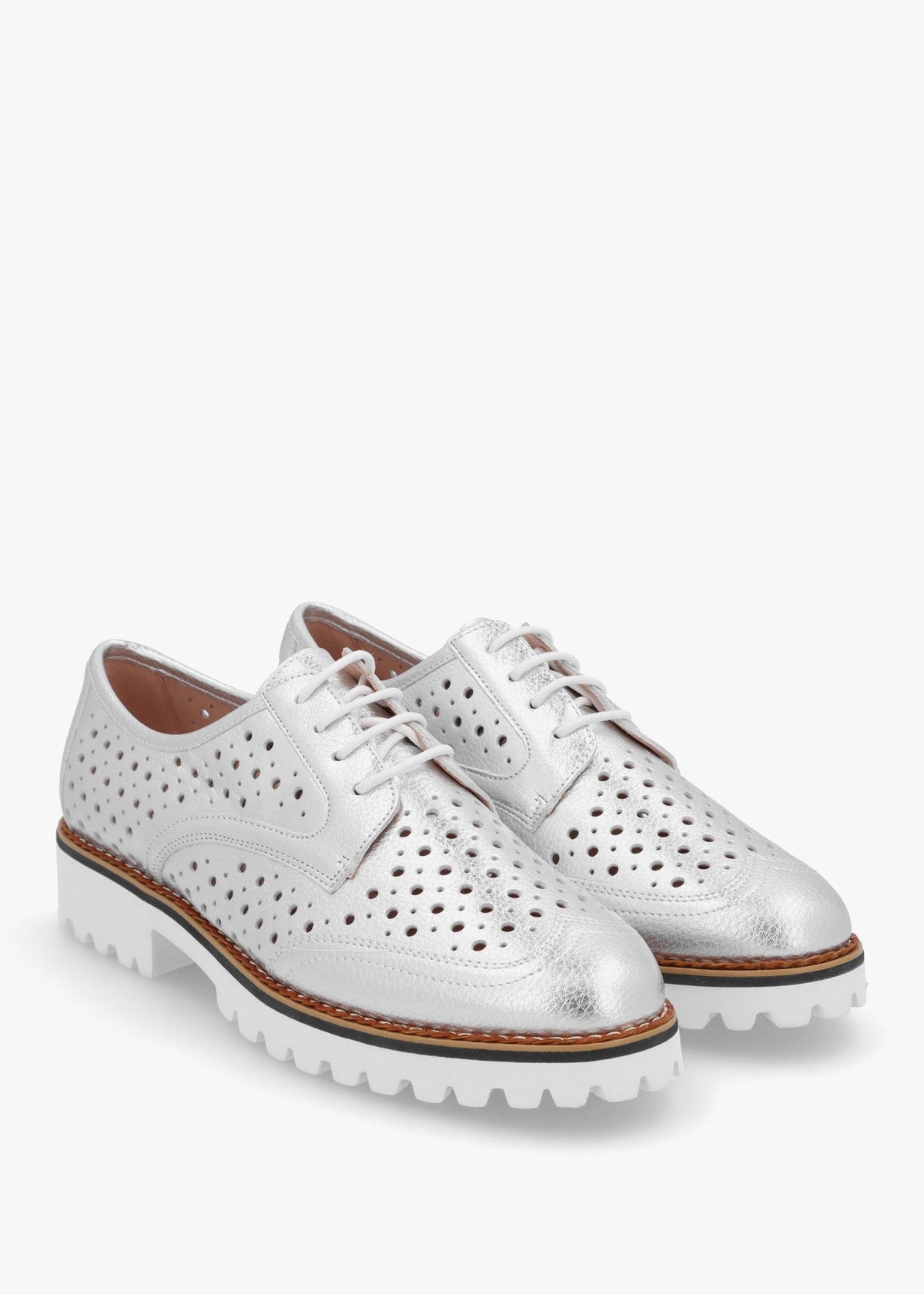 Eloni Silver Metallic Leather Lace Up Brogues