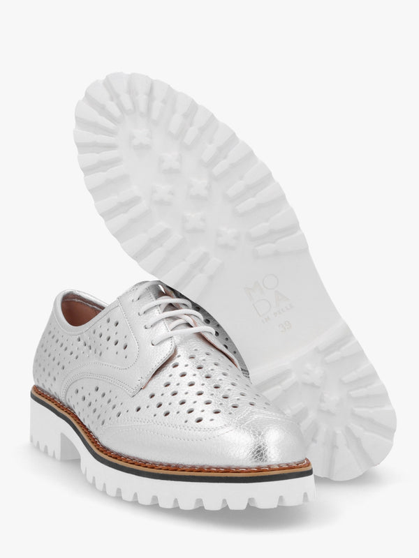 Eloni Silver Metallic Leather Lace Up Brogues