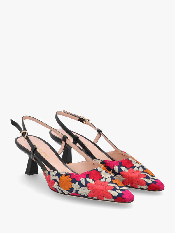 Multicoloured Floral Embroidered Closed Toe Low Heeled Sandals