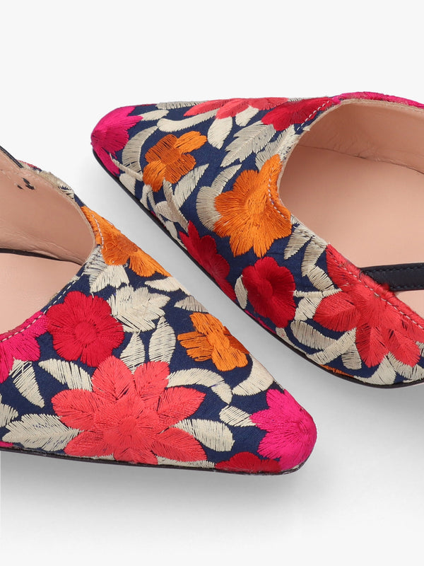 Multicoloured Floral Embroidered Closed Toe Low Heeled Sandals