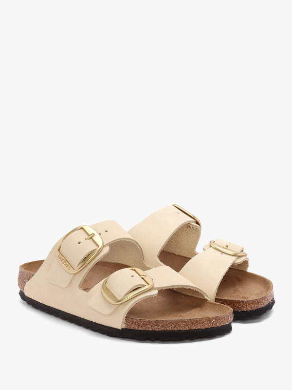 Arizona Big Buckle Ecru Nubuck Leather Two Bar Mules