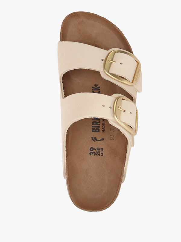 Arizona Big Buckle Ecru Nubuck Leather Two Bar Mules