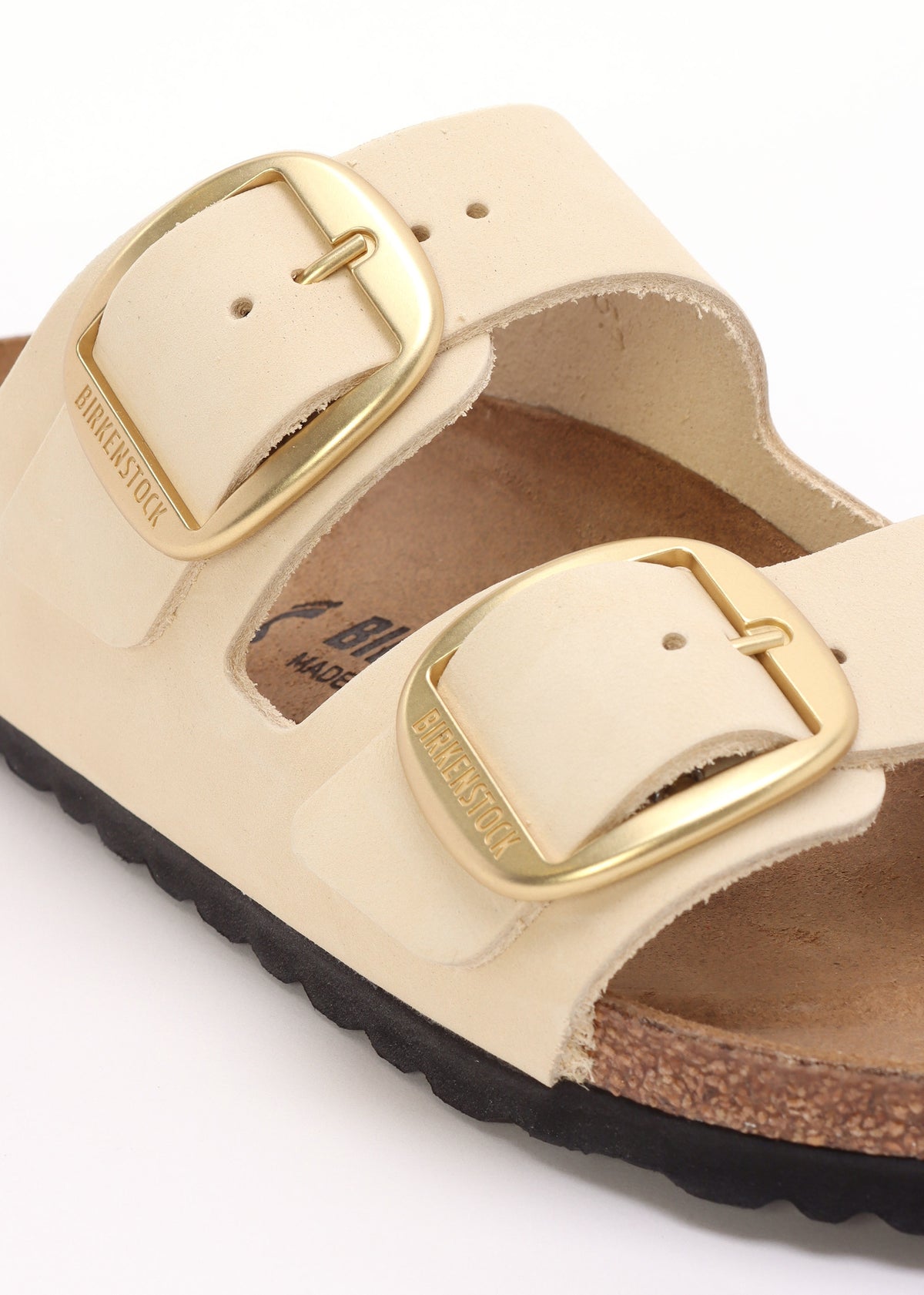 Arizona Big Buckle Ecru Nubuck Leather Two Bar Mules