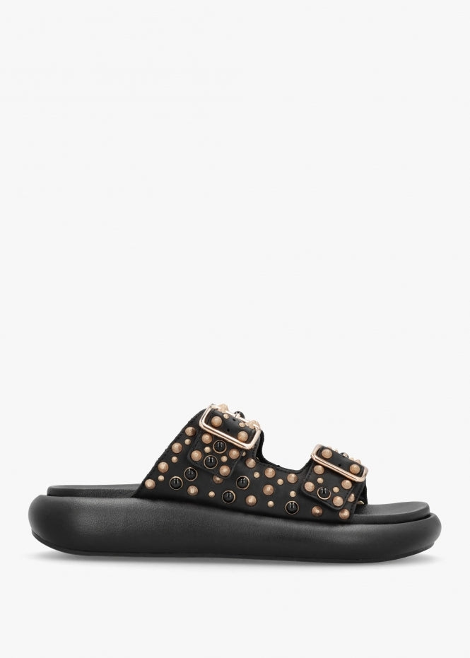 Viking Black Leather Studded Chunky Sliders