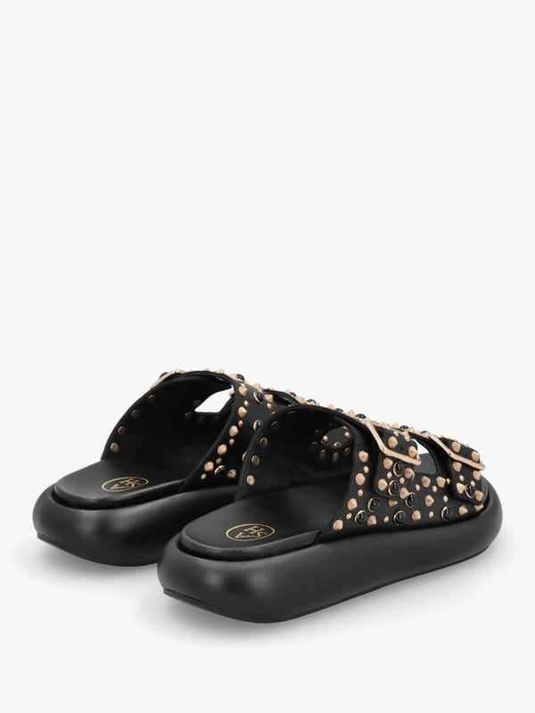 Viking Black Leather Studded Chunky Sliders