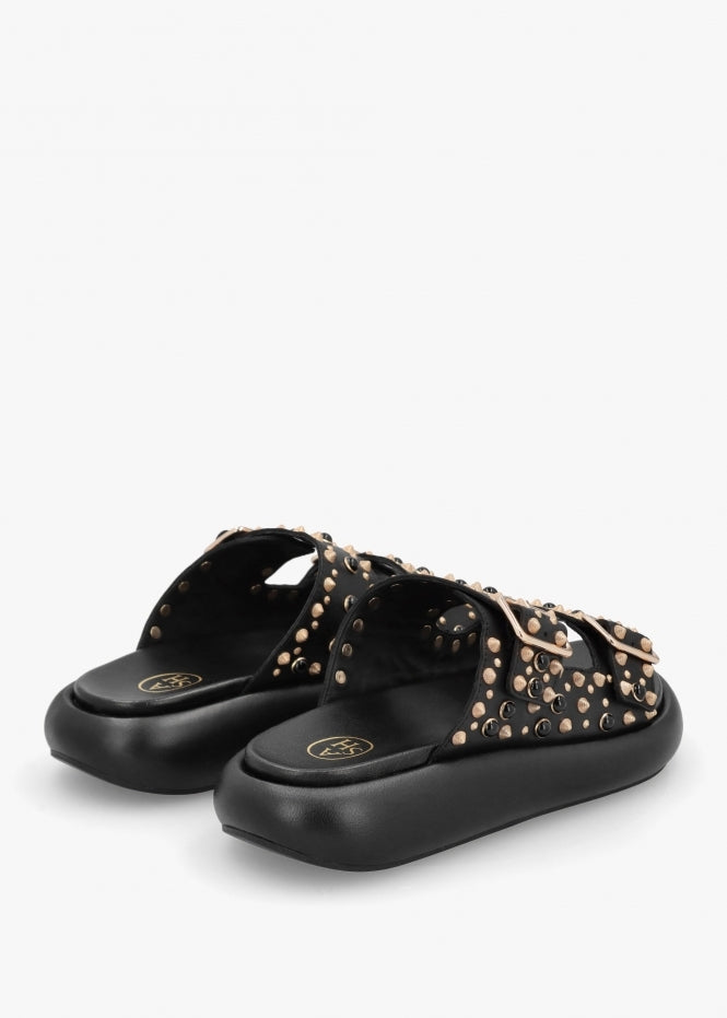 Viking Black Leather Studded Chunky Sliders