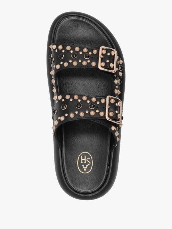 Viking Black Leather Studded Chunky Sliders