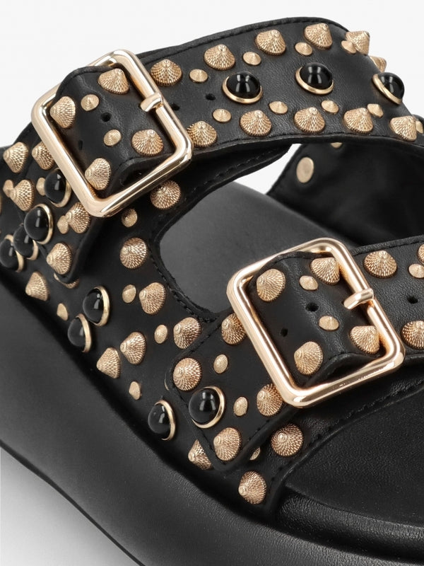 Viking Black Leather Studded Chunky Sliders