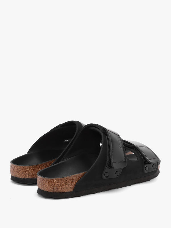 Uji Black Nubuck Leather Two Bar Mules
