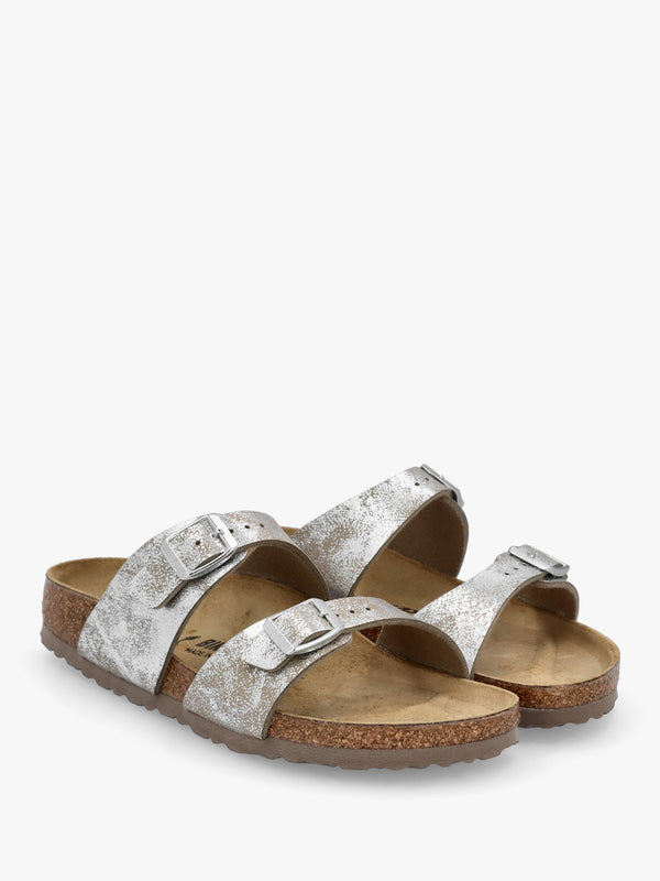 Sydney BS Birko-Flor SYN Washed Metallic Silver Two Bar Mules