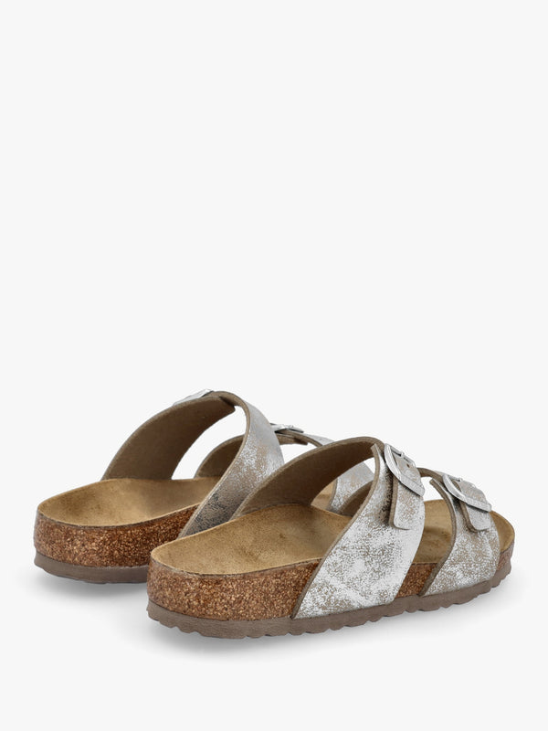 Sydney BS Birko-Flor SYN Washed Metallic Silver Two Bar Mules