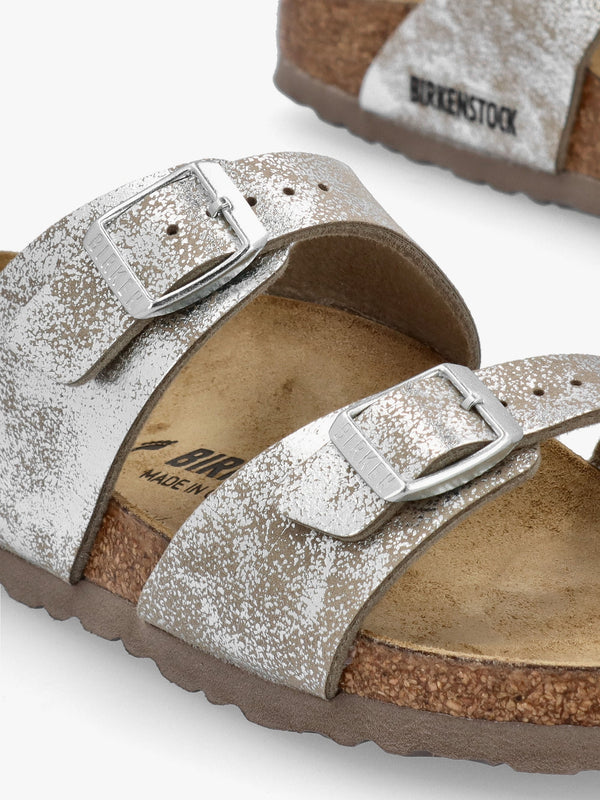 Sydney BS Birko-Flor SYN Washed Metallic Silver Two Bar Mules