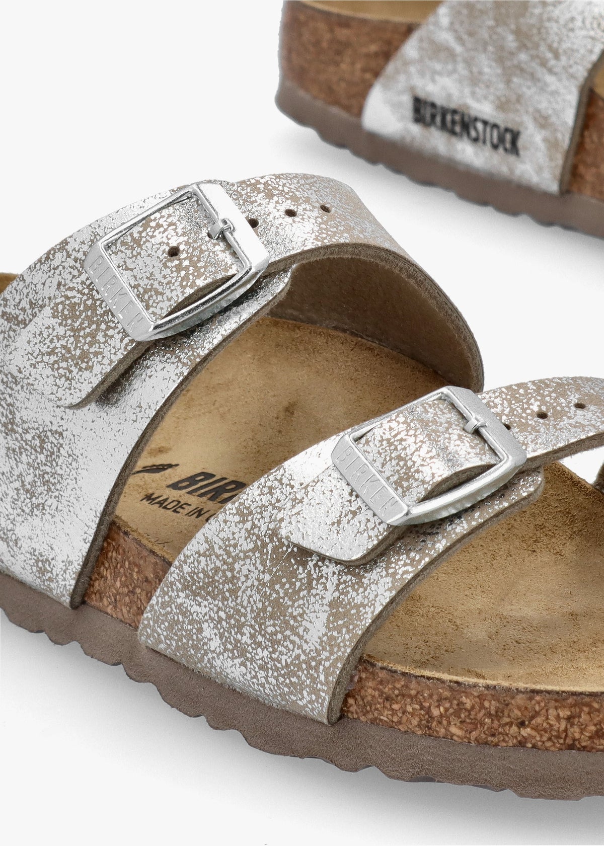 Sydney BS Birko-Flor SYN Washed Metallic Silver Two Bar Mules