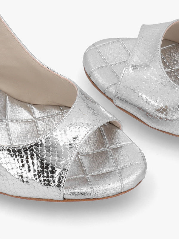 Margot Silver Leather Reptile Sculpted Wedge Sandals