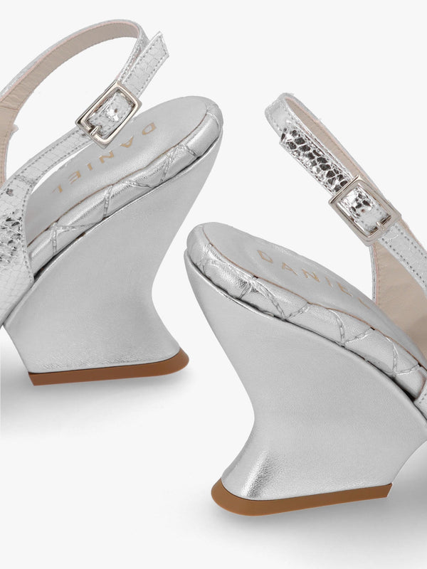 Margot Silver Leather Reptile Sculpted Wedge Sandals