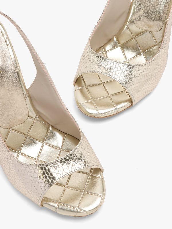 Margot Gold Leather Reptile Sculpted Wedge Sandals