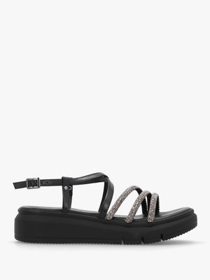 Clematis Black Leather Diamante Cross Strap Sandals