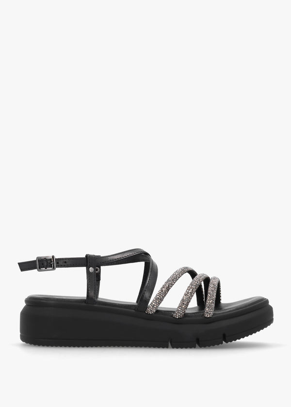 Clematis Black Leather Diamante Cross Strap Sandals