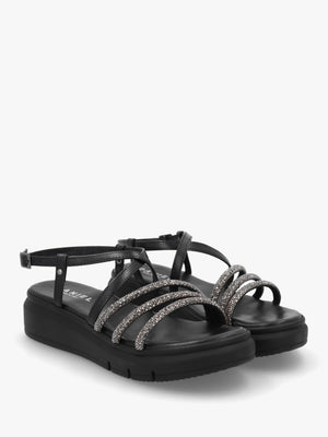 Clematis Black Leather Diamante Cross Strap Sandals