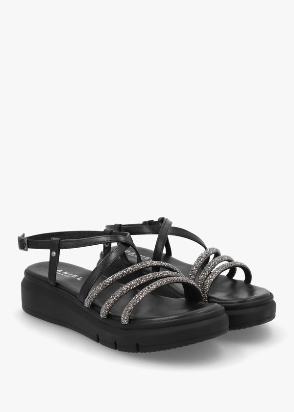 Clematis Black Leather Diamante Cross Strap Sandals