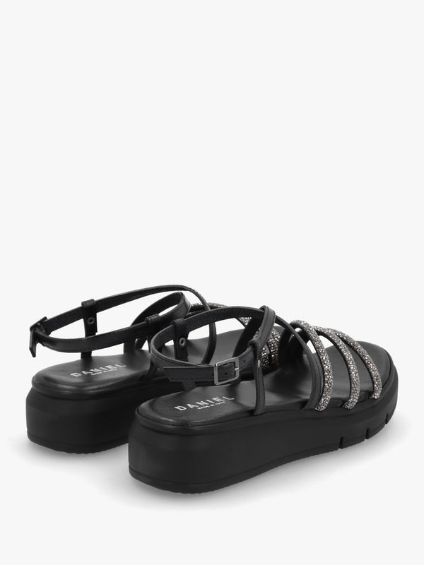 Clematis Black Leather Diamante Cross Strap Sandals