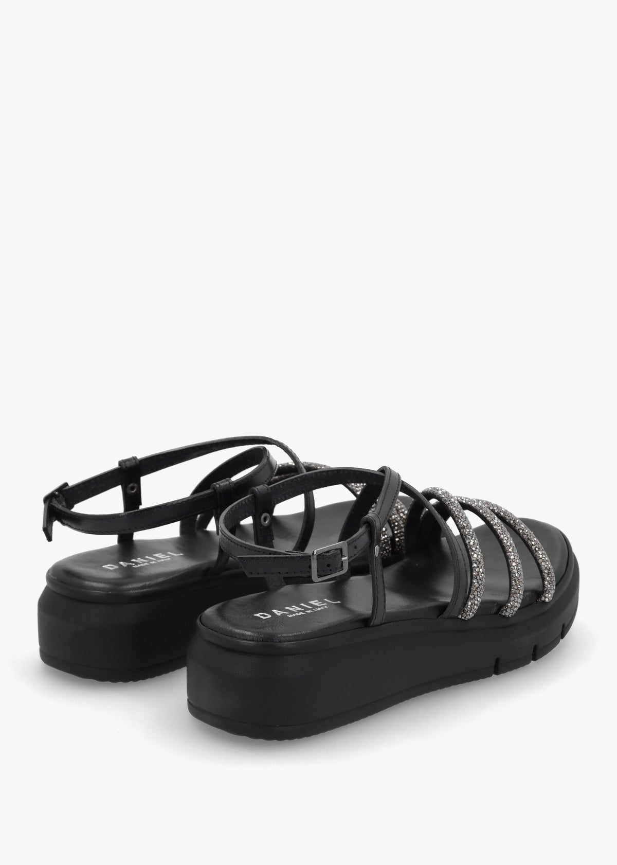 Clematis Black Leather Diamante Cross Strap Sandals