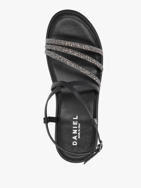 Clematis Black Leather Diamante Cross Strap Sandals