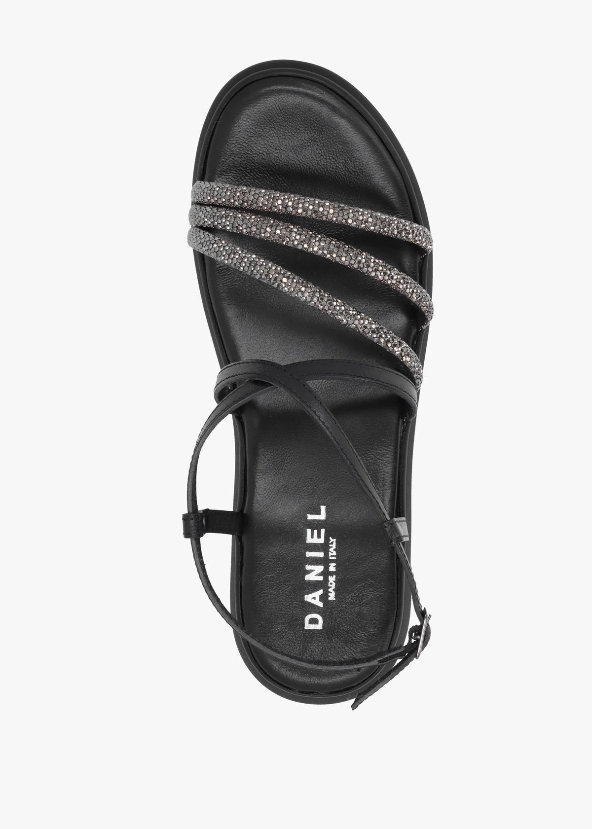 Clematis Black Leather Diamante Cross Strap Sandals