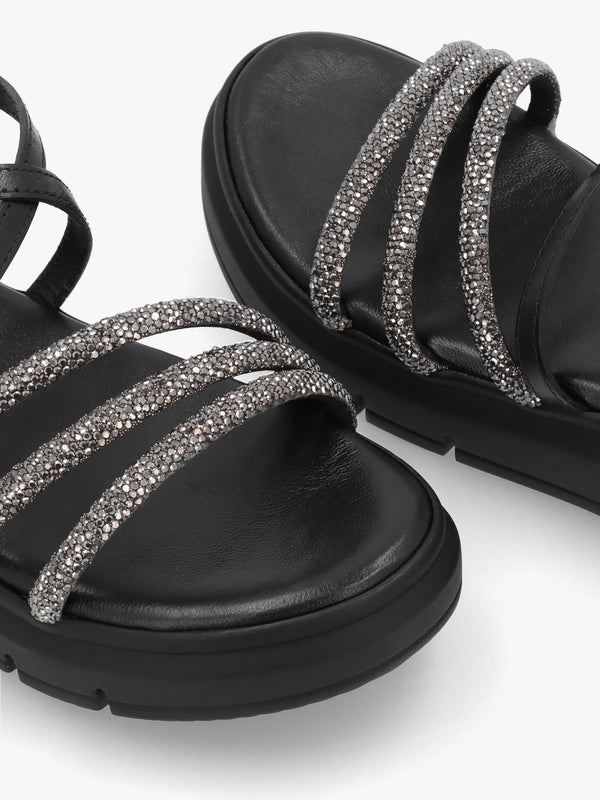 Clematis Black Leather Diamante Cross Strap Sandals