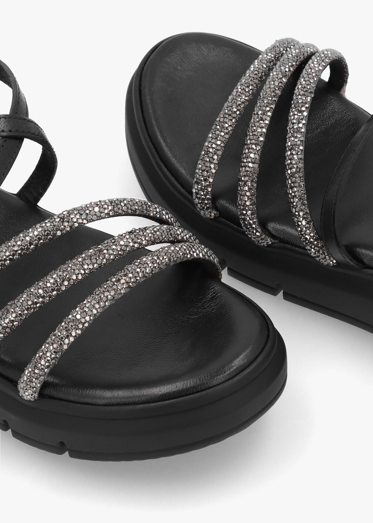 Clematis Black Leather Diamante Cross Strap Sandals