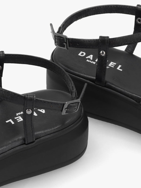 Clematis Black Leather Diamante Cross Strap Sandals