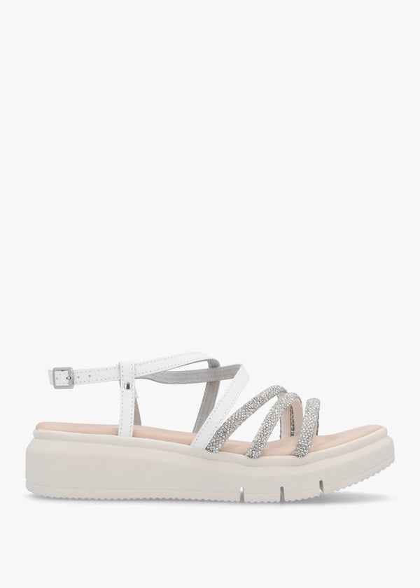 Clematis White Leather Diamante Cross Strap Sandals