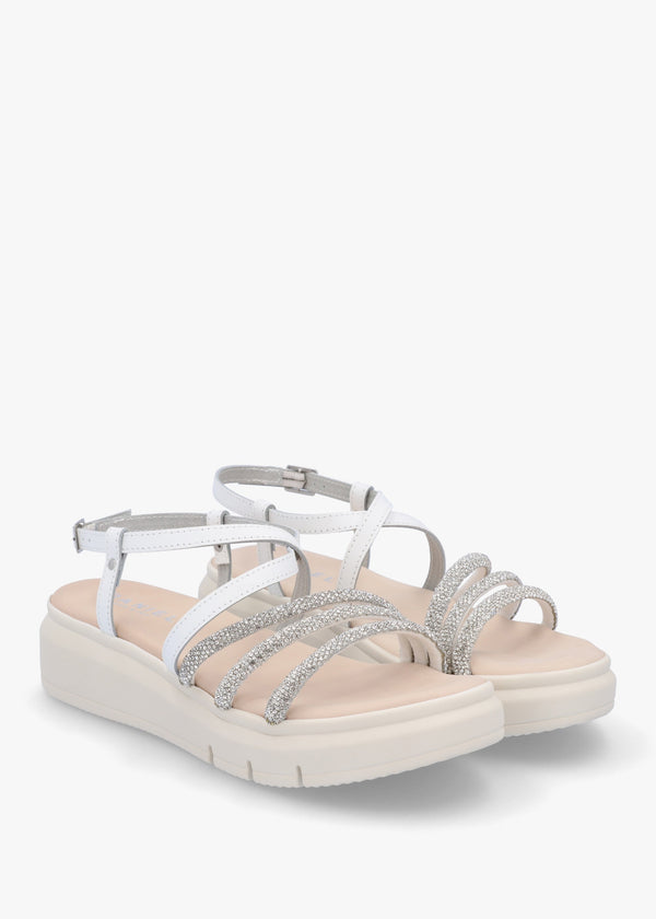 Clematis White Leather Diamante Cross Strap Sandals