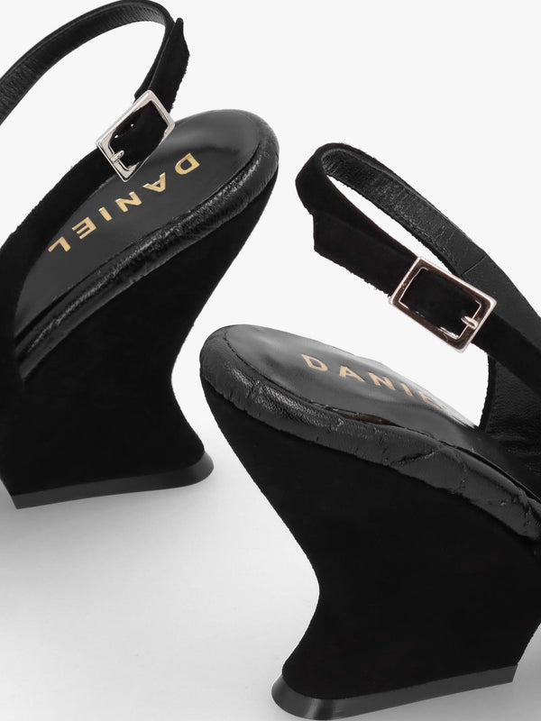Margot Black Suede Sculpted Wedge Sandals